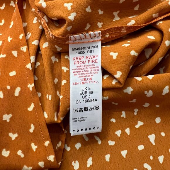Topshop Sz 4 Long Sleeve Rust Orange Spot Chiffon Collared Midi Shirt Dress - Picture 6 of 16